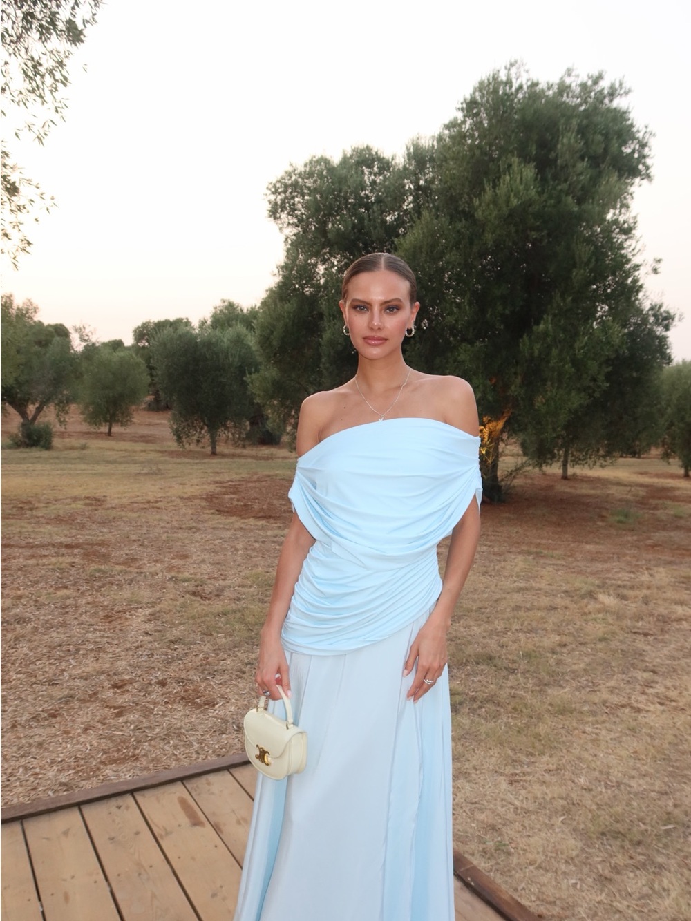 Off-Shoulder Light Blue Ruched Evening Dress